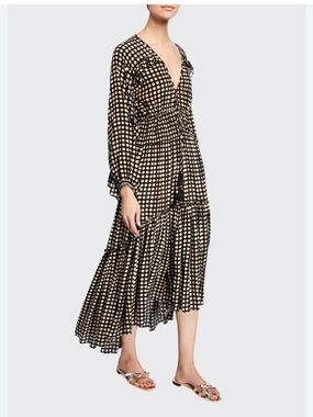 FIGUE Polka Dot Smocked Boho Maxi Dress XS Black Beige Ruffle Sleeve